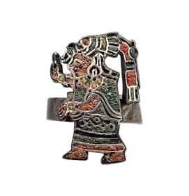 Citalal Mexico Crushed Turquoise Coral Sterling Silver Aztec/Mayan Style Ring Size 5.75 6.8 G