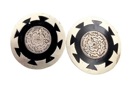 Mexico Enamel Sterling Silver Aztec/Mayan Style Earrings 12.4 G