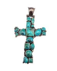 Southwestern Style Turquoise Sterling Silver Cross Pendant 17.5 G
