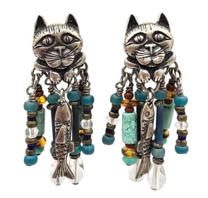 Southwestern Style Turquoise Bead Sterling Silver Cat Dangle Earrings 21.3 G
