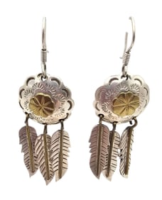 Mexico Taxco TH-116 Concho Style Feather Earrings 17.1 G