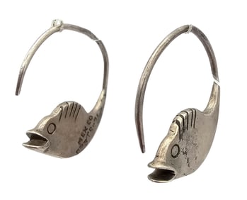 Mexico Taxco TS-79 Sterling Silver Fish Hoop Earrings 8.3 G
