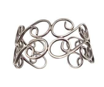 Mexico Taxco TS-102 Sterling Silver Scrollwork Cuff Bracelet 32.2 G