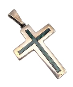 Mexico Malachite Sterling Silver Cross Pendant 9.3 G
