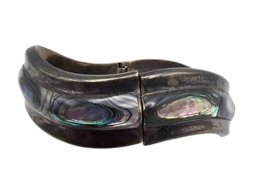 Mexico Abalone Sterling Silver Wave Hinge Bangle Bracelet 57.1 G
