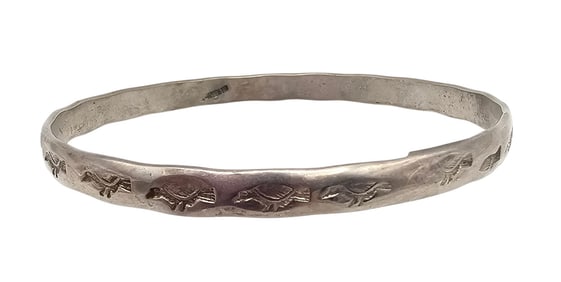 Mexico Sterling Silver Crow Stamped Bangle Bracelet 15.5 G