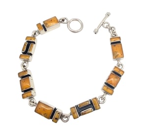 Mexico Taxco?C-45 Amber Sterling Silver Cobblestone Toggle Bracelet 31.5 G