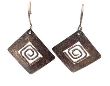 Mexico Sterling Silver Diamond Shape Swirl Earrings 4.2 G
