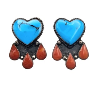 Mexico Turquoise Coral Sterling Silver Heart Earrings 8.3 G