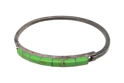 Mexico Green Turquoise Sterling Silver Inlay Eye Hook Bangle Bracelet 14.6 G