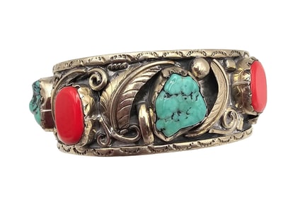 Mexico Coral Turquoise Sterling Silver Leaf Design Chunky Cuff Bracelet 43.2 G
