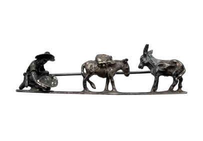 Mexico Sterling Silver Man With Donkeys Brooch 7.3 G