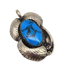 Mexico Faux Turquoise Sterling Silver Leaf Design Pendant 15.6 G