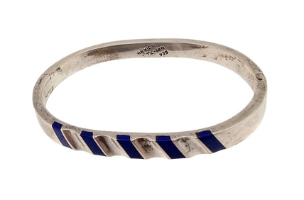 Mexico Taxco TC-134 Lapis Sterling Silver Hinge Bangle Bracelet 37.3 G