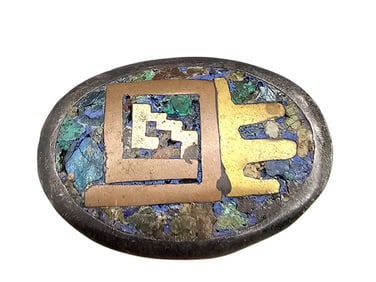 Mexico Crushed Turquoise Sterling Silver Brass Copper Brooch Pendant 7.5 G