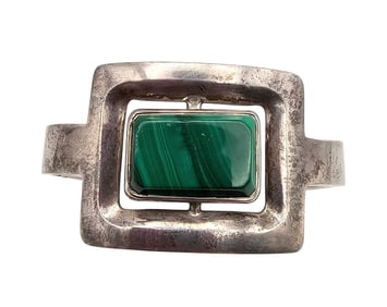 Mexico Taxco TD-27 Malachite Sterling Silver Hinge Bangle Bracelet 64.3 G
