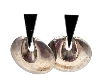Mexico Taxco TA-C?Y? Onyx Sterling Silver Earrings 16.8 G