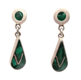 Mexico Taxco TS-102 Malachite Sterling Silver Earrings 6.3 G