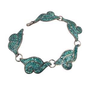 Plata Mexico Crushed Turquoise Sterling Silver Swirl Wave Link Bracelet 13.4 G