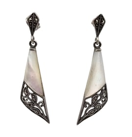 Mexico Mother Of Pearl Marcasite Sterling Silver Earrings 6.4 G
