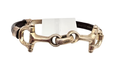 Mexico Taxco TL-4? Leather Sterling Silver Eye Hook Bangle Bracelet 33.2 G