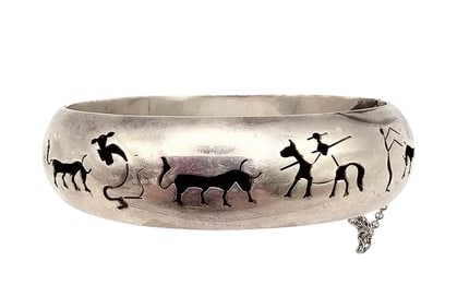 Mexico Sterling Silver Cut Out Hinge Bangle Bracelet 27.5 G