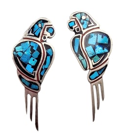 Mexico Taxco Crushed Turquoise Sterling Silver Parrot Bird Earrings 15.4 G
