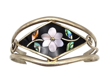 Mexico Alpaca Abalone Mother Of Pearl Onyx Cuff Bracelet 15.5 G