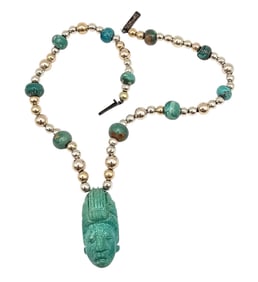 Carved Turquoise Aztec/Mayan Style Silver Tone Necklace