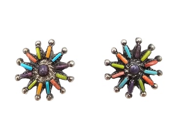 Southwestern Multi Stone Sterling Silver Needlepoint Flower Earrings 5 G