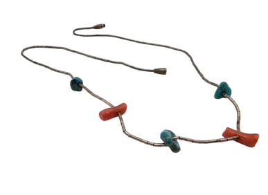 Southwestern Liquid Silver Sterling Silver Turquoise Coral Necklace 3.5 G