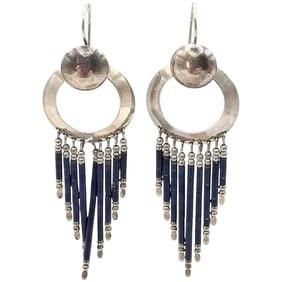 Southwestern Lapis Sterling Silver Fringe Earrings 10 G
