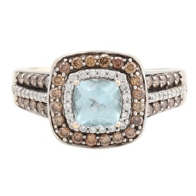 LeVian Aquamarine Diamond 14K White Gold Cocktail Ring Size 8