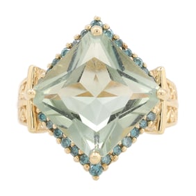 HN Diamond Green Amethyst 14K Gold Cocktail Ring Size 5.75