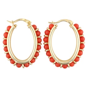 Italy Coral 18K Gold Hoop Earrings 7.3 G