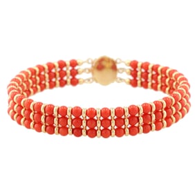 Italy Coral 18K Gold Three Row Bracelet 21.4 G