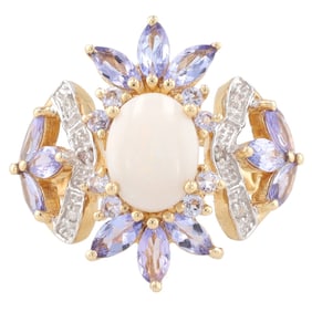 Opal Diamond Amethyst 14K Gold Ring Size 6.75