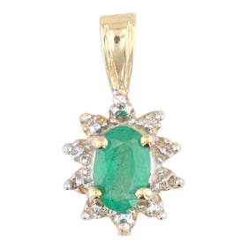 Signed Diamond Emerald 10K Gold Pendant