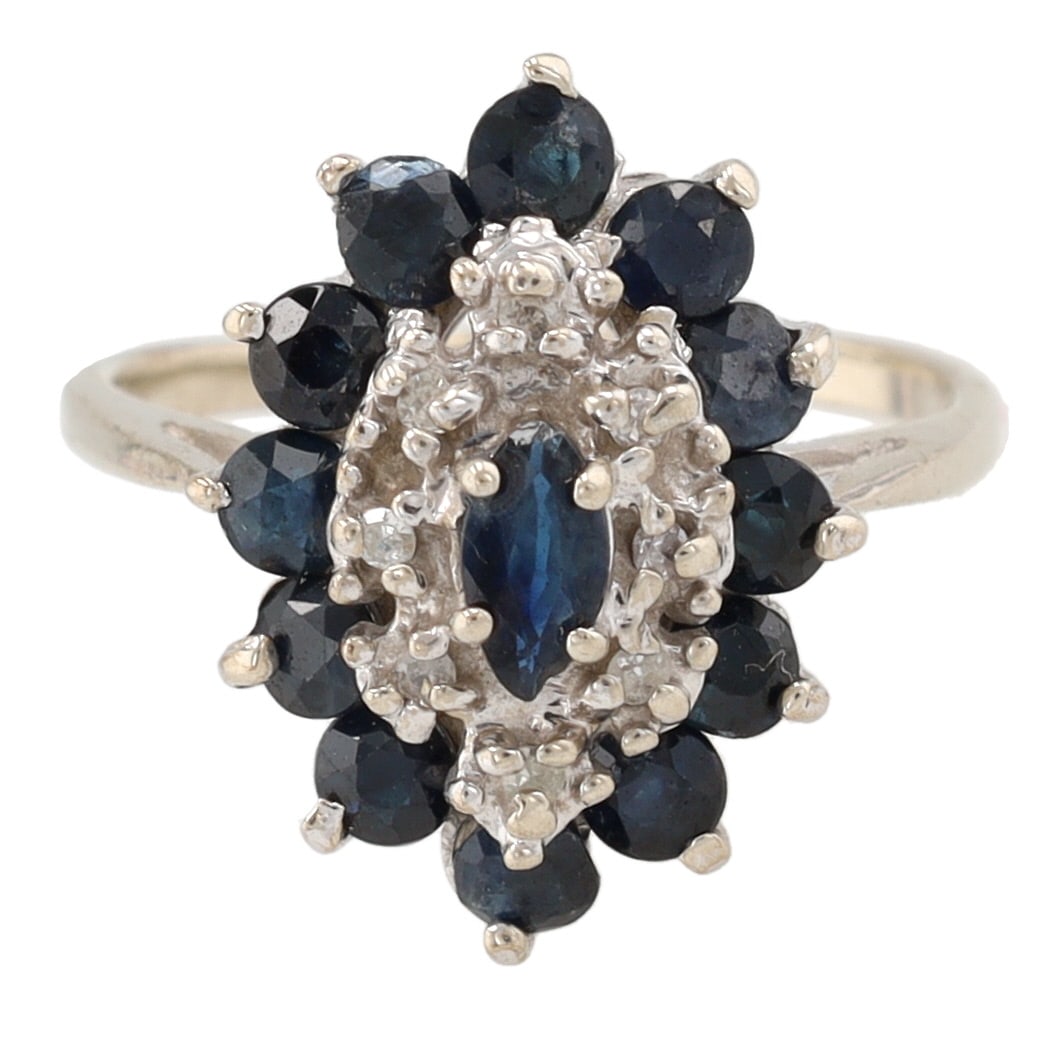 Sapphire Diamond 14K White Gold Ring Size 4.5: Signed Sapphire Diamond 14K White Gold Cocktail Ring Size 4.5 2.8 G Approximately 0.67 TCW