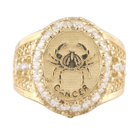 M Clear Stone 10K Gold Canceer Zodiac Crab Ring Size 10.5
