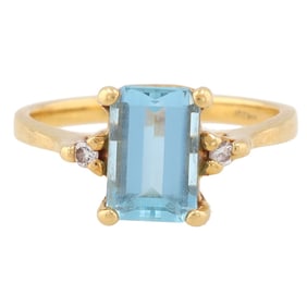 Aquamarine Diamond 18K Gold Cocktail Ring Size 6