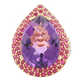 Amethyst Ruby 14K Gold Cocktail Ring Size 7.75