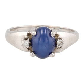 Star Sapphire Diamond 10K White Gold Ring Size 5.75