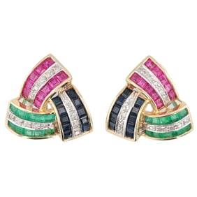 Ruby Sapphire Emerald Diamond 14K Gold Earrings