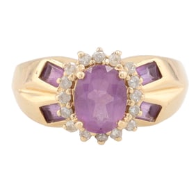 Amethyst Diamond 14K Gold Ring Size 6.75