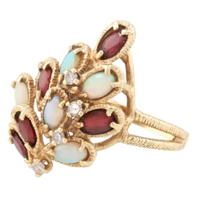 Opal Garnet Diamond 14K Gold Ring Size 6.25