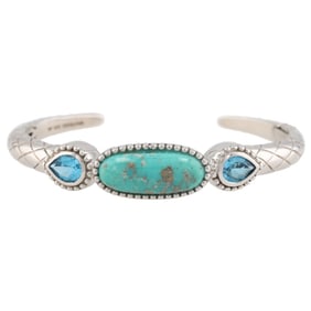 HF Topaz Turquoise Sterling Silver Hinge Cuff Bracelet 26.5 G