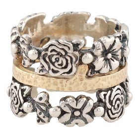 Pord? Isreal 14K Gold Sterling Silver Floral Ring Size 8 11.5 G