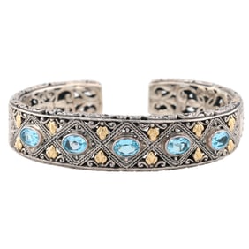 18K Gold Sterling Silver Topaz Fancy Hinge Cuff Bracelet 37.8 G