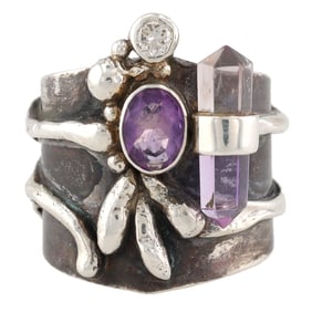 Amethyst Sterling Silver Modernist Hipi Style Ring Size 7.5 10 G